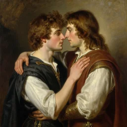 attractive arthur pendragon ( bradley james ) with male merlin ( colin morgan ). they are in love. highly detailed painting by gaston bussiere, craig mullins, j. c. leyendecker