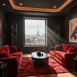 A screenshot of a photorealistic Virtual Reality music studio, living room vibe, Paris hotel style, red velvet furniture, light rays coming out of the windows, the window has a view on Paris, raytracing, highly detailed, futuristic, unreal engine 5, photoscanned, photorealistic,