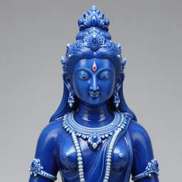 full head and shoulders, beautiful female, deep blue porcelain sculpture, plastic jewellery of a hindu god, with lots of ornate gold leaf animals, attached to head by daniel arsham and james jean, on a white background, delicate facial features