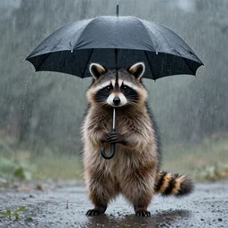 raccoon with umbrella in the rain, by leonid afremov