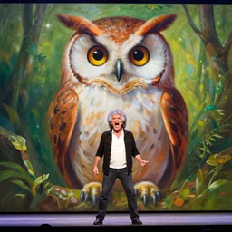 epic photo of old!!!!!!!!!!! bob ross like an owl on stage frustrated and angry and yelling!!!!!!!!!!!! at a huge painting of nature!!!!!!!!!! by bob ross, grey hairs, masterpiece, trending on artstation, canon eos