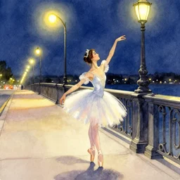 a hiper intricate watercolor of a beautiful ballerina walking at midnight by the light of the street lights on the bridge extremely detailed, sharp focus, wide view, smooth, digital illustration, colorfull, by william turner art, by edgar degas, by edmund dulac