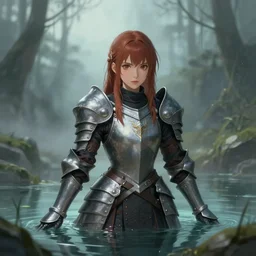 long shot fantasy woman in armor looking herself in a pond girl miss attractive eye catching official fanart behance hd artstation, mystic, by Rossdraws and Jesper Ejsing, by Makoto Shinkai and Lois van baarle, ilya kuvshinov, mist