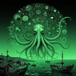 a tentacled creature emerging from the ocean near an abandoned fishing village, large landscape ad night, high - key lighting, beautiful composition, intricate, gradient from green to black, pro photography by, highly detailed, matte pailting, art by artgerm and greg rutkowski and alphonse mucha, smooth, sharp focus illustration