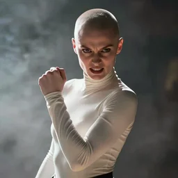 film still of elizabeth debicki as asajj ventress, bald head, focus on face, angry snarling, wearing tight white turtleneck glamour pose, dramatic lighting, unreal engine, mist, steve mccurry, cinematic composition, volumetric lighting