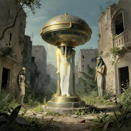 teleportation machine in an abandoned city, forgotten and overgrown with plants, light shining from the machine by anton otto fischer and rene magritte, style of ancient egyptian