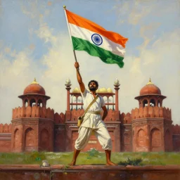 dramatic masterpiece oil painting of indian freedom fighters hoisting the indian flag on top of red fort, 1 9 4 7. by greg rutkowski, by, trending on artstation, featured on pixiv, oil on canvas, cinematic composition, brilliant lighting, highly detailed, hd, 8 k
