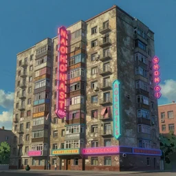 a highly detailed matte painting of soviet apartment building with neon signs, by studio ghibli, makoto shinkai, by artgerm, by wlop, by greg rutkowski, volumetric lighting, octane render, 4 k resolution, trending on artstation, masterpiece