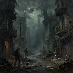 a post apocalyptic street scene in the style of Sylvain Sarrailh, the occult, mysterious, strangeness, beautiful digital art, cinematic composition, detailed, concept art, Matt painting, oil painting, high res