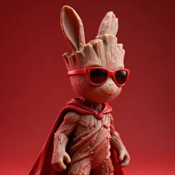 rabbit groot as marble statue, red sunglasses, in red background, soft red texture, red realistic 3 d render, high red lights, 4 k, high detailed photography red, 5 0 mm lens, rich red colors, smooth gradients, depth of field, cinematic, superhero cape
