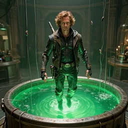 movie still frame, guild navigator mutant floating inside a vat of green fluid between wires, intricate details, beautiful composition, 8 k, cgi, by ridley scott, james cameron, zack snyder and michael bay