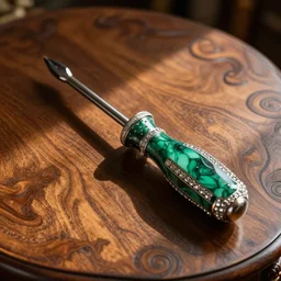 realistic beautiful hdr photograph of a royal screwdriver decorated with gemstones and a malachite handle, sitting on a fancy wood table