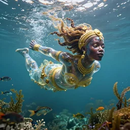 hyperrealistic neoclassical cinematic underwater scene with fish and algae, very expressive! translucent african goddess swimming full body, gold jewerly, highly detailed face, digital art masterpiece, eric zener aykut aydogdu, volumetric light, long shot, low angle uhd 8 k, sharp focus