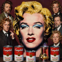 hyper realistic portrait painting of andy warhol ( intricate detail, golden ornaments, cans of soup ) campbell's tomato soup, by godward, gustav moreau, saturno butto, boris vallejo, austin osman spare and david kassan, by bussiere.