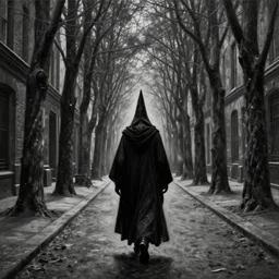 photo realistic, painting of a wizard walking alone in the boulevard of broken dreams, painted black, hyper detail, in the style of beeple, rule of thirds