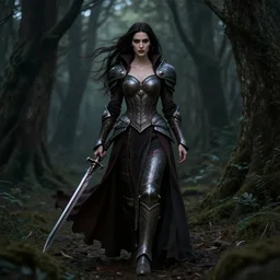 a beauty vampire woman paladin, 8 k, full body dark woods hyperrealistic, windy hair dragon slayer, hyperdetailed, symmetrical face and body high fantasy portrait by laura sava