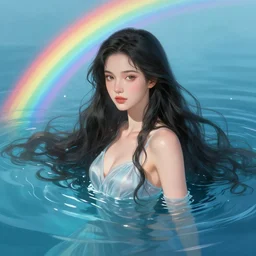 beautiful long haired goddness of water, dress, portrait, water everywhere, rainbow, highly detailed, digital painting, artstation, concept art, global illumination, ray tracing smooth, sharp focus, illustration, art by artgerm and greg rutkowski and makoto shinkai, jeremy lipkin
