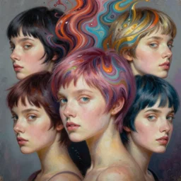 fantastic attractive beautiful women with short hair into fluid infinity variations of colours mass, close - up, mark maggiori, bao phan, jeff dekal, jeff simpson, intricate details, hyperrealistic oil painting on canvas, deep depth field, hd, hdr, 4 k, 8 k