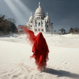 one lone singular swirling otherworldly angelic figure shrouded in red robes emerges from extensive barren white dunescape, matte painting by peter mohrbacher and filip hodas, background basilica sacre coeur, godrays, high contrast, highly detailed, a