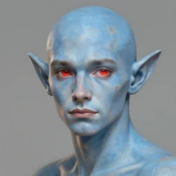Portrait of an elf, he is about 20 years old, light blue skin, red eyes, attractive, command presence, weathered face, highly detailed portrait, digital painting, ArtStation, concept art, smooth, sharp focus illustration, ArtStation HQ