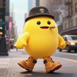 the stay puff marshmallow man wearing timberland shoes and hat while smoking a joint and walking in new york city, digital art, art station