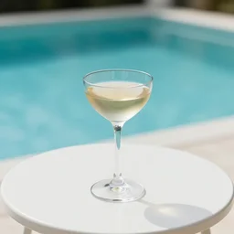 5 5 mm photo of wine - cocktail glass on a zen minimalist round white table with gorgeous pool in the background. highly detailed 8 k. intricate. lifelike. soft light,