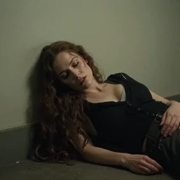 photo still full pov of a beautiful woman slumped against a wall unconscious with a alien facehugger on her face, cinematic full shot.