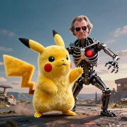 Jack Nicholson plays Pikachu Terminator, action scene where his endoskeleton gets exposed and his eye glows red, still from the film