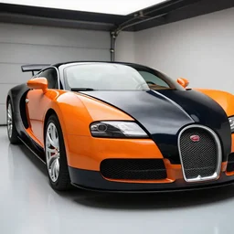 close up shot of an orange and black bugatti veyron in a garage