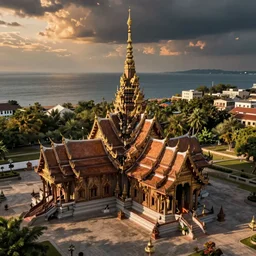 a beautiful aerial view of the ancient godly temple of Wat Rong Khun, by dan mumford and Ivan Aivazovsky