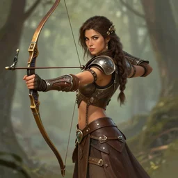 Female forest archer, ornamental longbow, sexy retro-futuristic armor, beautiful detailed face, brown armor, DND, D&D, matte painting, retro futurism, artstation