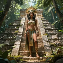 fantasy concept art, mayan queen standing on pyramid stairs in jungle, wlop and artgerm, artstation