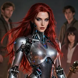 heavy makeup. flowing natural hair. cybertronic mechanoid led lit fembot. analysis. highly detailed portrait of a red sonja, a female barbarian. glossy skin. screenshot from hbo's westworld ( 2 0 1 6 ), norman rockwell, stephen bliss, 8 k, art by greg rutkowski, makoto shinkai, global radiant illumination, detailed and intricate environment