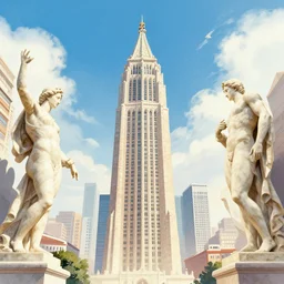 towering statues, marble figures, city, illustration by yoann lossell, raphael lacoste