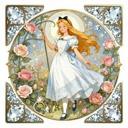 Alice in Wonderland,Diamonds Blaze,Rose twining,luxuriant,dreamy, eternity, romantic,highly detailed,in the style of Alphonse Maria Mucha, highly detailed,night lighting