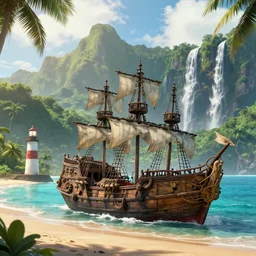 a old pirate ship viewed from a tropical beach with a lighthouse and waterfalls, mountains, volumetric lighthing