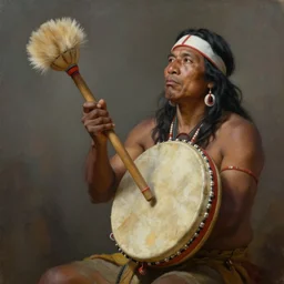 a realistic painting of indigenous man playing shamanic drum, highly detailed, fantasy art