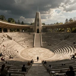 hieronymus bosch, archviz, 8 k, 3 d, hyper detailed, archviz, hyper realism, octane render, unreal engine, zbrush, dramatic lighting, concept art, a beautiful massive outdoor amphitheater in the future