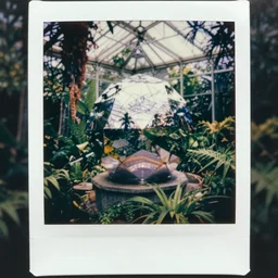 grainy Polaroid film photograph of a highly reflective chrome octahedron in a tropical greenhouse. super resolution. surreal. Extremely detailed. Polaroid 600 film. by Annie Leibovitz and Richard Avedon