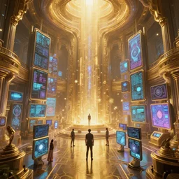 extremely beautiful high detailed long portrait of a an interior scene with a temple of internet. by daniel f. gerhartz and jose daniel cabrera pena and leonid kozienko and greg rutkowski. intricate details, sci - fi details, hi - tech details, a lot of displays, digital glow, energetic mood, golden ratio, trending on artstation, volumetric lighting, 4 k, 8 k
