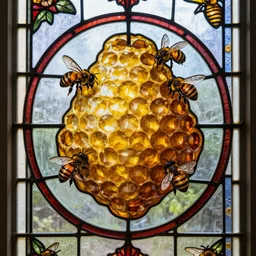 hyper realistic gorgeous lighting, highly detailed, stained glass window of beehive and bees