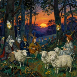 autochrome of a midsummernight's dream renaissance forest festival at sunset with masks of wolves and sheep in the style of, jugendstil, alma tadema, vaughn bode and maxfield parrish, maurice sendak and arzach by moebius