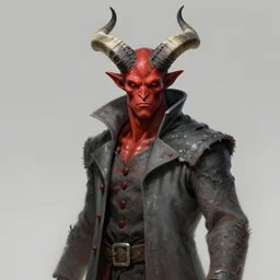 a triple a game concept art of a tall male adult with large imp horns on a head in tattered slate - gray collared coat with red buttons, crimson skin with white blotches, black and white curved striped horns, red eyes, yellow sclera, art by cushart krentz and greg rutkowski, 8 k resolution, high quality, fantasy style, empty background, illustration, hyperrealism, octane render, commission art
