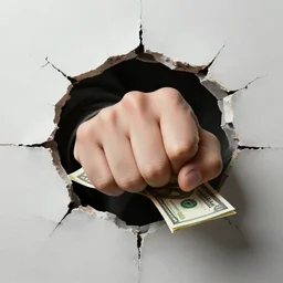 Cash fist breaking through wall, Masterpiece , ultra realistic, ultra detailed, concept art, trending on artstation