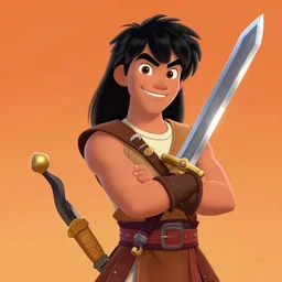 portrait of teenage conan the barbarian, smiling. arrogant. great sword with golden pommel. orange background. animated feature. 3 d pixar and disney!! in the style of disney pixar, moana, brave, the good dinosaur.