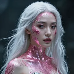 hyper - realistic photo portrait of a woman english woman warrior of the future, face in pink sequins, long white hair, atmosphere from movies : blade runner, alien cinematic,