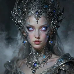 a baroque neoclassicist portrait of a final fantasy futuristic empress tsarina alien goddess gazing intensely with big glowing cosmic eyes adorned in intricate silver blacklight retrofuturistic jewelry with iridescent solarpunk and silk, misty x - particles, award winning science fiction painting by frank frazetta, syd mead, artgerm, alphonse mucha, unreal engine 5, dreamcore