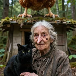a fabulous old woman with a sly face, a long nose and a wart on it. there is a black cat nearby. the background of huge chicken paws on top is a hut. fabulous enchanting dense forest around. very clear image. hyperrealistic.