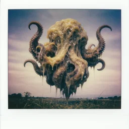 a gigantic, amorphous creature that seems to be made entirely of writhing, undulating tentacles. it's body is huge and bloated, and it seems to be leaking a translucent, yellowish slime. floating over a field. scary, grotesque, old photo, polaroid