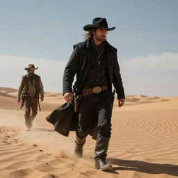 the man in black fled aross the desert, and the gunslinger followed. hyperrealistic, photorealistic, concept art, fantasy art, wild west, dungeons and dragons, mythical, mystical, magic, trending on artstation, digital illustration, cinematic lighting, 4 k, ultra hd, beautiful colors, highly detailed, intricate, octane render, unreal engine 5